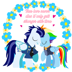 Size: 1400x1400 | Tagged: safe, artist:mlplary6, rainbow dash, soarin', pegasus, pony, g4, the last problem, bomber jacket, clothes, duo, eyes closed, female, flower, heart, husband and wife, jacket, love, male, mare, older, older rainbow dash, older soarin', older soarindash, romantic, ship:soarindash, shipping, simple background, smiling, stallion, straight, text, white background