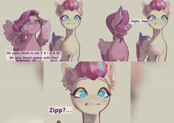 Size: 2398x1696 | Tagged: safe, artist:kaff_i, pipp petals, zipp storm, pegasus, pony, g5, my little pony: make your mark, my little pony: make your mark chapter 4, the jinxie games, spoiler:g5, spoiler:my little pony: make your mark, spoiler:my little pony: make your mark chapter 4, spoiler:mymc04e03, chest fluff, comic, diadem, disgusted, duo, duo female, ear fluff, ew, female, fluffy, grin, gritted teeth, hair over one eye, headband, high res, implied crush, implied hitch trailblazer, implied shipping, implied stormblazer, implied straight, jewelry, looking at someone, mare, pipp petals is not amused, regalia, royal sisters (g5), scene interpretation, shipping denied, siblings, sisters, smiling, spread wings, teeth, turned head, unamused, wings, yuck