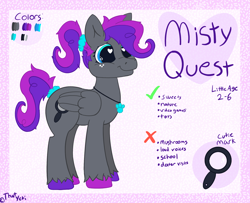 Size: 1888x1534 | Tagged: safe, artist:mistyquest, oc, oc:misty quest, oc:mistyquest, pegasus, pony, age regression, curly hair, curly mane, curly tail, cute, female, freckles, gradient eyes, gray, gray coat, gray fur, gray wings, happy, jewelry, mare, multicolored hair, multicolored mane, multicolored tail, necklace, photo, pink background, pink hooves, ponytail, purple hooves, reference, reference sheet, scrunchie, side view, simple background, smiling, solo, standing, tail, three quarter view, younger