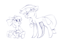 Size: 1375x974 | Tagged: safe, artist:blue ink, apple bloom, applejack, earth pony, pony, g4, banana, blushing, caught, cross-popping veins, emanata, female, food, fruit, fruit heresy, jar, lemon, looking at each other, looking at someone, mare, monochrome, open mouth, pear, pineapple, sitting, sketch, sweat, sweatdrop
