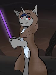 Size: 510x680 | Tagged: safe, artist:doodle-hooves, oc, oc only, oc:dreaming star, bat pony, bat pony unicorn, hybrid, pony, unicorn, bat pony oc, bipedal, clothes, hood, hoof hold, horn, jedi, lightsaber, looking at you, multiple variants, outdoors, pale belly, red eyes, robe, solo, star wars, weapon