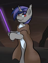 Size: 510x680 | Tagged: safe, alternate version, artist:doodle-hooves, oc, oc only, oc:dreaming star, bat pony, bat pony unicorn, hybrid, pony, unicorn, bat pony oc, bipedal, clothes, hoof hold, horn, jedi, lightsaber, looking at you, multiple variants, outdoors, pale belly, red eyes, robe, solo, star wars, weapon