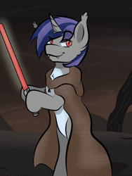 Size: 510x680 | Tagged: safe, alternate version, artist:doodle-hooves, oc, oc only, oc:dreaming star, bat pony, bat pony unicorn, hybrid, pony, unicorn, animated, bat pony oc, bipedal, clothes, hoof hold, horn, jedi, lightsaber, looking at you, multiple variants, outdoors, pale belly, red eyes, rgb, robe, solo, star wars, weapon