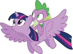 Size: 6638x4942 | Tagged: safe, spike, twilight sparkle, alicorn, dragon, pony, g4, official, princess twilight sparkle (episode), .svg available, dragons riding ponies, duo, female, flying, looking left, male, mare, riding, riding a pony, simple background, spike riding twilight, stock vector, svg, transparent background, twilight sparkle (alicorn), vector