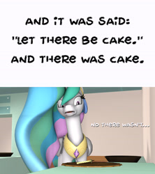 Size: 3840x4320 | Tagged: safe, artist:wissle, princess celestia, alicorn, pony, g4, 3d, absurd resolution, celestia day, celestia's crown, comic, crumbs, dialogue, female, mare, open mouth, portal (valve), solo, source filmmaker, sugarcube corner, text, the cake is a lie, when you see it