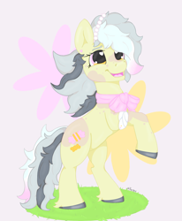 Size: 1732x2104 | Tagged: safe, artist:mistyquest, oc, earth pony, pony, bandage, bandaged leg, bow, colored hooves, cute, digital art, drawing, dyed hair, dyed mane, dyed tail, ear piercing, earring, gradient eyes, grass, grass field, happy, jewelry, missing limb, multicolored eyes, multicolored hair, neck bow, open mouth, orange eyes, pastel, piercing, pink background, pink eyes, rearing, simple background, smiling, solo, spotted, tail, three legged, yellow coat