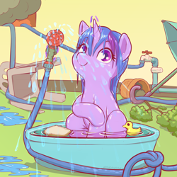 Size: 3680x3687 | Tagged: safe, artist:stratodraw, derpibooru exclusive, twilight sparkle, pony, unicorn, g4, bathtub, cute, female, garden hose, glowing, glowing horn, high res, horn, looking at you, mare, rubber duck, smiling, smiling at you, solo, twiabetes, umbrella, unicorn twilight, water, wet, wet mane