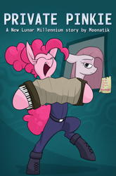 Size: 1491x2254 | Tagged: safe, artist:moonatik, pinkie pie, earth pony, pony, new lunar millennium, g4, abstract background, accordion, alternate timeline, bags under eyes, belt, boots, clothes, dancing, fanfic, fanfic art, fanfic cover, female, hair bun, happy, mare, mirror, musical instrument, nightmare takeover timeline, note, pants, pinkamena diane pie, sad, shirt, shoes, solo, story in the source, tail, tail bun