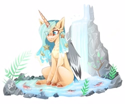 Size: 2317x1933 | Tagged: safe, artist:buvanybu, oc, oc only, alicorn, fish, pony, alicorn oc, horn, simple background, solo, water, waterfall, white background, wings