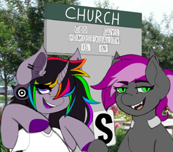 Size: 1000x878 | Tagged: safe, artist:woofpoods, oc, oc only, oc:bitwise operator, oc:strobestress, bat pony, cyborg, pony, unicorn, bat pony oc, bisexual, blue eyes, church, clothes, commission, duo, ear fluff, female, funny, gradient eyes, green eyes, letter, mane, meme, meme template, multicolored hair, photo, pride, pride month, purple eyes, rainbow hair, shirt, smiling, t-shirt, two toned mane, white shirt, ych result