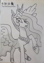 Size: 2074x2934 | Tagged: safe, artist:mlpfantealmintmoonrise, princess celestia, alicorn, pony, g4, my little pony: the movie, atg 2023, female, high res, horrified, mare, monochrome, newbie artist training grounds, petrification, shrunken pupils, solo, spread wings, traditional art, wings