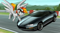 Size: 1920x1080 | Tagged: safe, artist:dori-to, oc, oc only, pegasus, pony, car, chevrolet, chevrolet camaro, race track, solo