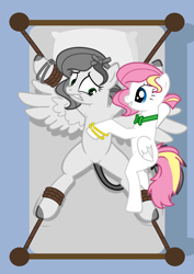 Size: 1536x2166 | Tagged: safe, artist:equestria secret guard, oc, oc only, oc:tabata, pegasus, pony, armpits, base used, bed, belly, belly button, bondage, couple, duo, featureless crotch, female, gritted teeth, helpless, male, mare, pegasus oc, sexy, spread eagle, spread legs, spreading, straight, teeth, tied to bed, tied up