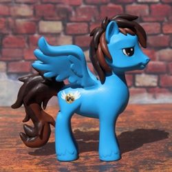 Size: 3814x3814 | Tagged: safe, artist:mistyquest, shining armor, oc, oc:sky game, pegasus, pony, g4, blue coat, blue fur, blue pony, brown eyes, brown hair, brown mane, brown tail, character, commission, customized toy, figure, fluffy, gradient eyes, high res, irl, long tail, male, male oc, multicolored hair, multicolored mane, multicolored tail, photo, short hair, short mane, side profile, side view, smiling, solo, stallion, standing, tail, toy, two toned mane