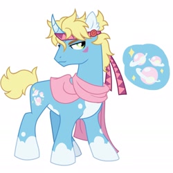 Size: 1773x1773 | Tagged: safe, artist:regularcitrus, alicorn, earth pony, pony, unicorn, mlp x jojo, :3, blonde hair, blonde mane, blue skin, bubble, caesar zeppeli, closed mouth, clothes, facial markings, green eyes, headband, horn, jojo's bizarre adventure, looking at you, male, ponified, saturn, scarf, simple background, smiling, smiling at you, smirk, solo, sparkles, stallion, white background, white hooves