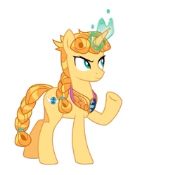 Size: 775x787 | Tagged: safe, artist:regularcitrus, pony, unicorn, mlp x jojo, angry, blonde hair, blonde mane, braid, closed mouth, giorno giovanna, golden wind, green eyes, horn, jewelry, jojo's bizarre adventure, looking to the right, male, necklace, orange hair, orange mane, ponified, raised hoof, simple background, solo, stallion, teal eyes, tied hair, vento aureo, white background