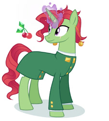 Size: 612x677 | Tagged: safe, artist:regularcitrus, alicorn, pony, mlp x jojo, button, cherry, clothes, ear piercing, earring, food, green skin, jewelry, jojo's bizarre adventure, looking to the left, noriaki kakyoin, piercing, ponified, purple eyes, red hair, red mane, school uniform, simple background, solo, white background