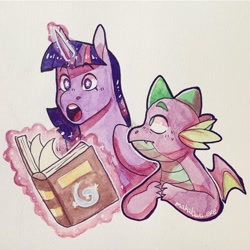 Size: 1080x1080 | Tagged: safe, artist:regularcitrus, part of a set, spike, twilight sparkle, alicorn, dragon, pony, g4, :o, book, duo, magic, open mouth, starry eyes, telekinesis, traditional art, twilight sparkle (alicorn), wingding eyes, winged spike, wings