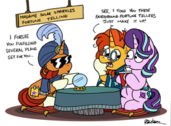 Size: 2301x1692 | Tagged: safe, artist:bobthedalek, starlight glimmer, stellar flare, sunburst, pony, unicorn, g4, atg 2023, blaze (coat marking), clothes, coat markings, crystal ball, disguise, drink, facial markings, fake cutie mark, female, fortune teller, male, mare, mother and child, mother and son, mothers gonna mother, newbie artist training grounds, paper-thin disguise, scarf, simple background, socks (coat markings), stallion, sunglasses, that pony sure does love plans, trio, white background