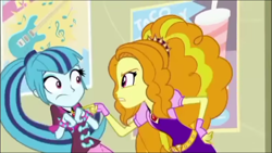 Size: 1366x768 | Tagged: safe, screencap, adagio dazzle, sonata dusk, human, equestria girls, g4, my little pony equestria girls: rainbow rocks, 2d, adagio dazzle is not amused, blurry, cyan hair, cyan skin, duo, duo female, electric guitar, female, gem, guitar, indoors, low quality, music notes, musical instrument, needs more jpeg, orange hair, png, pointing, poster, purple eyes, siren gem, unamused, wall, yellow skin