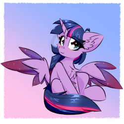 Size: 2000x2000 | Tagged: safe, artist:jubyskylines, twilight sparkle, alicorn, pony, g4, blushing, chest fluff, colored wings, cute, ear fluff, female, gradient background, high res, horn, mare, sitting, solo, spread wings, twiabetes, twilight sparkle (alicorn), two toned wings, wings