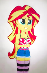 Size: 2608x3999 | Tagged: safe, artist:count oxymagomedov sear, derpibooru exclusive, sunset shimmer, human, equestria girls 10th anniversary, equestria girls, g4, akizuki airi, breasts, busty sunset shimmer, clothes, cute, female, high res, oni chichi, shimmerbetes, shorts, smiling, socks, solo, stockings, striped socks, thigh highs, thigh socks, traditional art