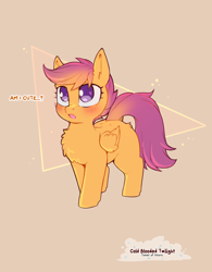 Size: 938x1200 | Tagged: safe, artist:cold-blooded-twilight, scootaloo, pegasus, pony, g4, :o, abstract background, blushing, bronybait, chest fluff, cute, cutealoo, dialogue, dock, female, filly, foal, folded wings, gradient mane, gradient tail, no pupils, open mouth, solo, standing, tail, wings