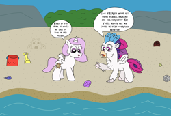 Size: 3216x2188 | Tagged: safe, artist:supahdonarudo, princess celestia, queen novo, alicorn, classical hippogriff, hippogriff, pony, g4, my little pony: the movie, atg 2023, beach, bucket, cewestia, coconut, dialogue, duo, female, filly, filly celestia, fledgeling, foal, food, foreshadowing, high res, newbie artist training grounds, ocean, pink-mane celestia, sand, sandcastle, shell, shovel, speech bubble, talking, text, water, young celestia, younger