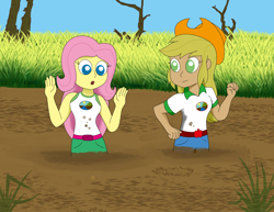 Size: 3296x2544 | Tagged: safe, artist:basher-the-basilisk, applejack, fluttershy, human, equestria girls, g4, bog, camp everfree, camp everfree outfits, duo, duo female, female, fetish, high res, humanized, mud, mud fetish, swamp, wet and messy