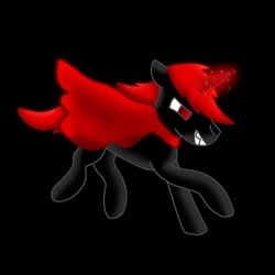 Size: 1280x1280 | Tagged: safe, oc, oc:comber, pony, unicorn, assassin, black background, black coat, devious smile, glowing red horn, red and black oc, red cape, red eyes, red magic, red mane, red tail, running, running to the right, short mane, short tail, simple background, story: ponyville's biggest threat, tail, u