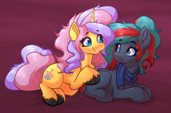 Size: 3416x2272 | Tagged: safe, artist:witchtaunter, oc, oc only, earth pony, pony, unicorn, clothes, commission, cuddling, cute, duo, high res, looking at each other, looking at someone, scarf, simple background, smiling, unshorn fetlocks