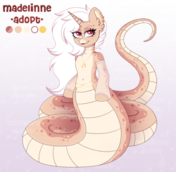Size: 4000x3924 | Tagged: safe, artist:madelinne, oc, oc only, lamia, original species, semi-anthro, adoptable, adoptable open, belly button, ear piercing, female, gradient background, jewelry, long hair, mare, piercing, reference sheet, solo, white hair