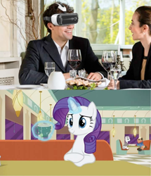 Size: 720x836 | Tagged: safe, edit, edited screencap, screencap, rarity, human, pony, unicorn, g4, the saddle row review, alcohol, booth, del griffith, diner, food, irl, irl human, meme, mug, neal page, neighl page, photo, tea, vr headset, waifu dinner, wine