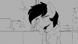 Size: 1280x720 | Tagged: safe, artist:binhminhki, oc, oc only, oc:filly anon, earth pony, pony, animated, anime, clothes, female, filly, foal, grayscale, hoodie, lag train, mare, monochrome, music, parody, sound, video, webm