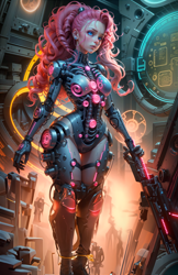 Size: 2048x3153 | Tagged: safe, ai assisted, ai content, generator:seaart.ai, generator:stable diffusion, prompter:neondash, pinkie pie, human, g4, cyberpunk, female, future, high res, humanized, laser, mechanic, neon, solo, weapon