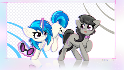 Size: 3840x2160 | Tagged: safe, artist:jubyskylines, dj pon-3, octavia melody, vinyl scratch, earth pony, pony, unicorn, g4, abstract background, bowtie, duo, duo female, ear fluff, female, glowing, glowing horn, high res, horn, levitation, magic, magic aura, mare, octavia's bowtie, open mouth, open smile, raised hoof, smiling, tail, telekinesis, vinyl's glasses