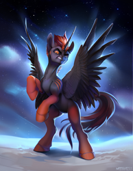 Size: 3085x3975 | Tagged: safe, artist:mithriss, oc, oc only, alicorn, pony, belly, evil, eyebrows, fangs, frown, gradient hooves, high res, male, male oc, nebula, rearing, solo, space, spread wings, stallion, stars, sternocleidomastoid, teeth, wings