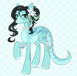 Size: 3372x3300 | Tagged: safe, artist:nemarin, oc, oc only, oc:paskalin, na'vi, pony, anklet, ear piercing, earring, female, flower, flower in hair, high res, james cameron's avatar, jewelry, mare, markings, necklace, piercing, raised hoof, solo