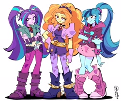 Size: 2048x1716 | Tagged: safe, artist:arrcticc_fish, adagio dazzle, aria blaze, sonata dusk, human, equestria girls, g4, belt, boots, clothes, crossed arms, denim, female, fingerless gloves, gem, gloves, grin, high heels, jeans, leggings, pants, ponytail, shirt, shoes, shorts, simple background, siren gem, skirt, smiling, spiked wristband, the dazzlings, trio, white background, wristband