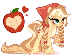 Size: 1792x1405 | Tagged: safe, artist:gihhbloonde, oc, oc only, earth pony, pony, bow, braid, colored hooves, earth pony oc, female, green eyes, hair bow, headkerchief, long tail, looking up, mare, offspring, pale belly, parent:applejack, parent:feather bangs, raised hoof, simple background, smiling, solo, standing, tail, transparent background, unshorn fetlocks