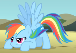 Size: 555x391 | Tagged: safe, screencap, rainbow dash, pegasus, pony, dragonshy, g4, season 1, cropped, crouching, female, mare, mouth on side of face, sidemouth, sky, solo, spread wings, wings