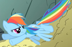 Size: 528x344 | Tagged: safe, screencap, rainbow dash, pegasus, pony, dragonshy, g4, season 1, annoyed, cropped, dirt, female, flapping, flying, looking back, mare, mouth on side of face, solo, spread wings, wings