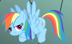 Size: 629x390 | Tagged: safe, screencap, rainbow dash, pegasus, pony, dragonshy, g4, season 1, annoyed, cropped, crossed arms, crossed hooves, female, flying, mare, mouth on side of face, rainbow dash is best facemaker, rainbow dash is not amused, solo, spread wings, unamused, wings