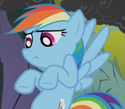 Size: 715x624 | Tagged: safe, screencap, rainbow dash, pegasus, pony, dragonshy, g4, season 1, cropped, female, flying, looking down, mare, mouth on side of face, rainbow dash is best facemaker, raised hoof, smoke, solo, spread wings, unsure, wings