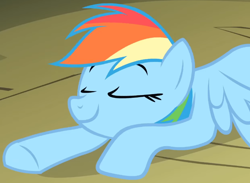 Size: 816x597 | Tagged: safe, screencap, rainbow dash, pegasus, pony, dragonshy, g4, season 1, cropped, eyes closed, lying down, off model, prone, rainbow dash is best facemaker, smiling, smug