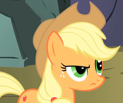 Size: 843x709 | Tagged: safe, screencap, applejack, earth pony, pony, dragonshy, g4, season 1, applejack's hat, cowboy hat, cropped, eyebrows, freckles, hat, mouth on side of face, raised eyebrow, solo