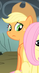 Size: 254x469 | Tagged: safe, screencap, applejack, fluttershy, earth pony, pony, dragonshy, g4, season 1, applejack's hat, cowboy hat, cropped, duo, freckles, hat, looking back, mouth on side of face, sitting, standing
