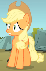 Size: 282x436 | Tagged: safe, screencap, applejack, earth pony, pony, dragonshy, g4, season 1, applejack's hat, cowboy hat, cropped, freckles, frown, hat, solo, standing, worried