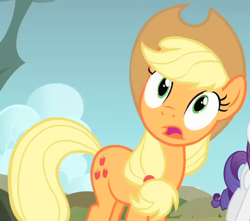 Size: 487x431 | Tagged: safe, screencap, applejack, earth pony, pony, dragonshy, g4, season 1, applejack's hat, cowboy hat, cropped, female, hat, looking up, mare, shocked, solo, standing, surprised