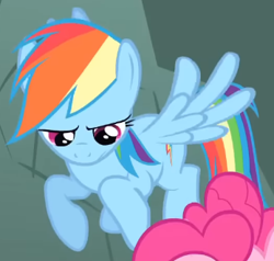 Size: 347x330 | Tagged: safe, screencap, pinkie pie, rainbow dash, pegasus, pony, dragonshy, g4, season 1, cropped, female, flapping, flying, frown, looking down, mare, rainbow dash is best facemaker, rainbow dash is not amused, solo focus, spread wings, unamused, wings